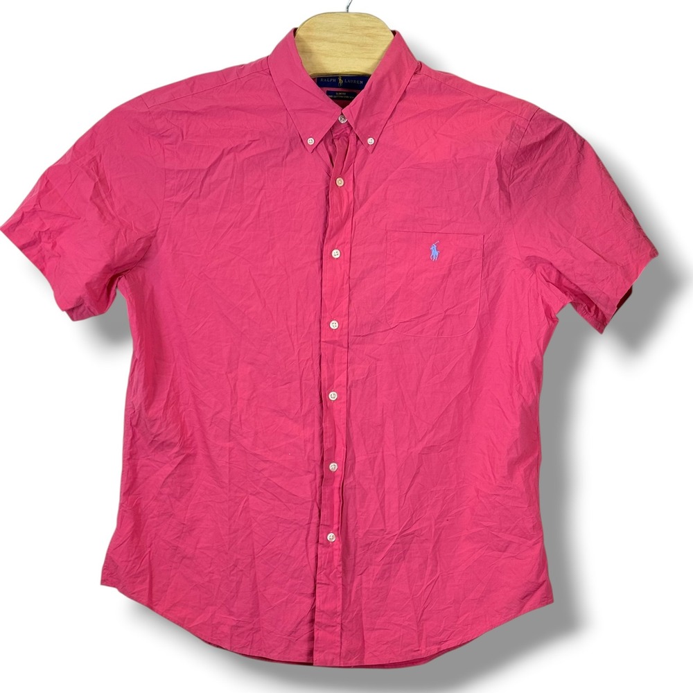 Ralph Lauren Button Down Shirt Mens Medium Pink Slim Fit Cotton Stretch Pony - Picture 2 of 7